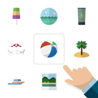 Düz simgesi Beach okyanus, Hindistan cevizi, RECLINER ve diğer vektör nesneleri kümesi. Ayrıca Beach, ada, okyanus öğeleri içerir.