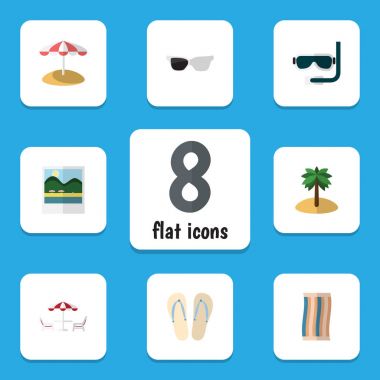 Düz simgesi sezon plaj sandalet, RECLINER, şemsiye vektör nesneleri kümesi. Ayrıca gözlük, Palm, Aqualung öğeleri içerir.