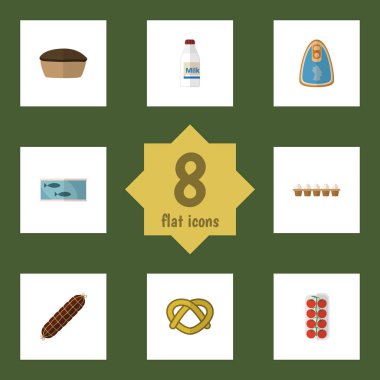 Düz simgesi gıda kümesi tanımlama bilgisi, yumurta kabuğu kutu, teneke ton balığı ve diğer vektör nesneleri. Konserve, lezzetli, Tart öğeleri de içerir.