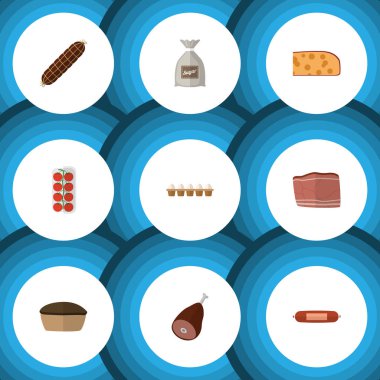 Düz simgesi gıda domates, et, Kielbasa ve diğer vektör nesneleri kümesi. Ayrıca içerir Holland, yumurta kabuğu, pasta öğeleri.