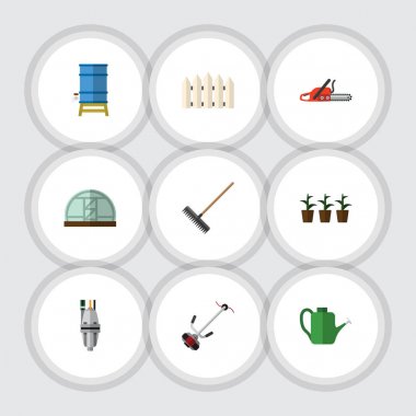 Düz simgesi çiftlik kümesi sera, konteyner, çim-kesici ve diğer vektör nesneleri. Bariyer, sulama, Blade öğeleri de içerir.