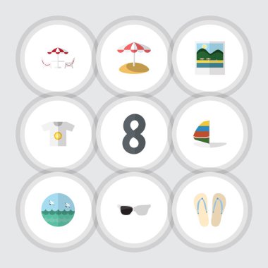 Düz simgesi Beach plaj sandaletleri, okyanus, RECLINER vektör nesneleri kümesi. Ayrıca Foto, gözlük, gözlük öğeleri içerir.