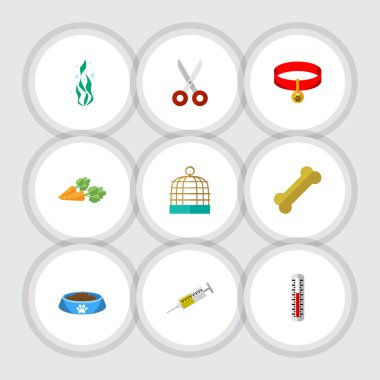 Düz simgesi evcil hayvan aşı, makası, sıcaklık ölçüm ve diğer vektör nesneleri kümesi. Ayrıca kafes, kase, makası elemanları içerir.