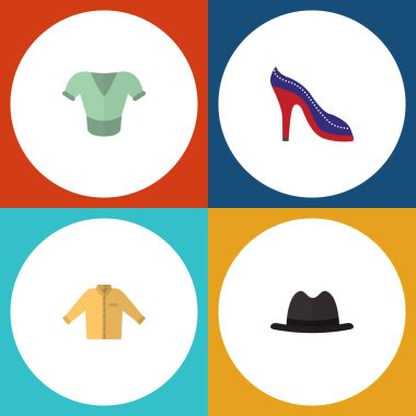 Banyan, topuklu ayakkabı, Panama ve diğer vektör nesnelerini düz simge kıyafet seti. Ayrıca giysileri, sandalet, topuklu öğeleri içerir.