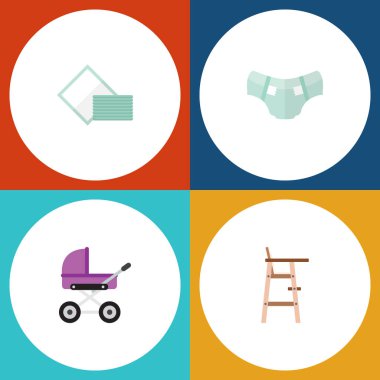 Çocuk koltuğu, bebek arabası, Bebek bezi ve diğer vektör nesnelerini düz simge çocuk seti. Da içeren dışkı, bebek arabası, Bebek bezi öğeleri.