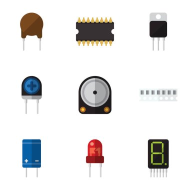 Düz simge elektronik triyot, bellek, ekran ve diğer vektör nesnelerini ayarlayın. Ayrıca elektronik, alıcı, sabit öğeler içerir.