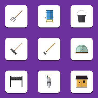 Düz simgesi kulübemde aracı, Stabling, Harrow ve diğer vektör nesneleri ayarlayın. Ayrıca ahır, Barbekü, kova öğeleri içerir.