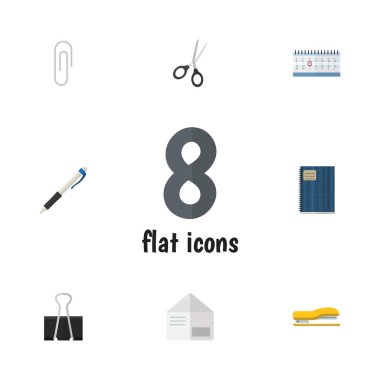 Ataş, raptiye sayfa, defterini ve diğer vektör nesnelerini düz simge kırtasiye seti. Ayrıca kesme, defter, mektup öğelerini içerir.