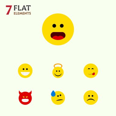 Angel, lezzetli yemek, sırıtış ve diğer vektör nesnelerini düz simge Emoji seti. Surat asmayı, yüz, neşeli öğeleri de içerir.