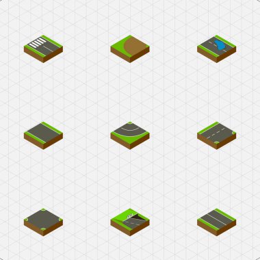 İzometrik yol yol ve diğer vektör nesneleri, Plash ayarlayın. Ayrıca asfalt, yol, aşağıya doğru öğeleri içerir.