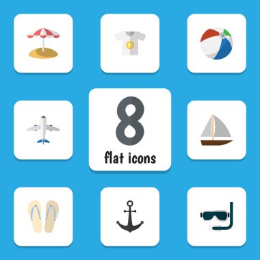 Düz simgesi Beach gemi kanca, Giysi, plaj sandalet vektör nesneleri kümesi. Ayrıca çapa, sandalet, gömlek öğeleri içerir.