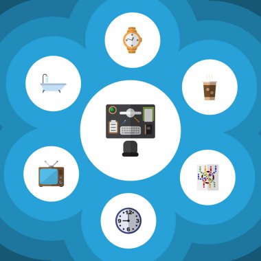 Düz simgesi Oneday kümesi kapuçino, zamanlayıcı, saat ve diğer vektör nesneleri. Ayrıca izle, Kupası, yayın unsurları içerir.