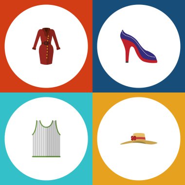 Düz simgesi giysi kümesi Singlet, şık şapkalar, giysileri ve diğer vektör nesneleri. Ayrıca içerir Singlet, elbise, şapka öğeleri.