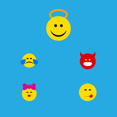 Düz simgesi Emoji kümesi surat asmayı, lezzetli yemek, soğuk ter ve diğer vektör nesnelerine. Angel, somurtmak, Emoji öğeleri de içerir.