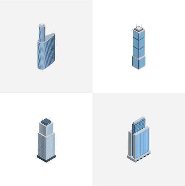 Изометрический комплект небоскребов зданий, башен, городских и других векторных объектов. Также включает в себя небоскреб, жилой, городские элементы . — стоковый вектор