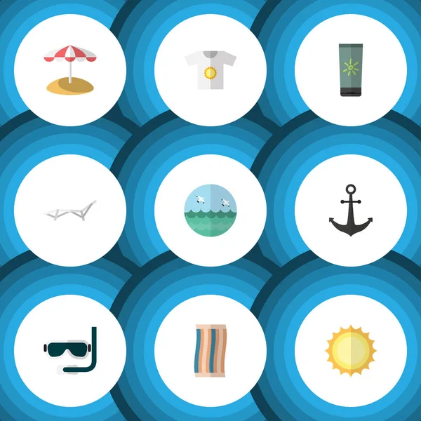 Düz simgesi yaz gemi kanca, güneş, şezlong ve diğer vektör nesnelerini ayarlayın. Ayrıca kuş, şemsiye, Dalış unsurları içerir.
