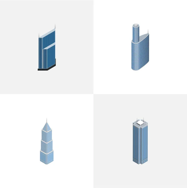 Isométrico conjunto de edificios exteriores, residenciales, edificios y otros objetos vectoriales. También incluye Exterior, Negocio, Elementos del Edificio . — Vector de stock