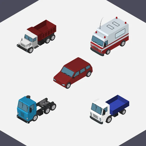 Isometrisches Auto-Set von Erste-Hilfe-Geräten, LKW, LKW und anderen Vektorobjekten. umfasst auch Krankenwagen, LKW, Transportelemente. — Stockvektor