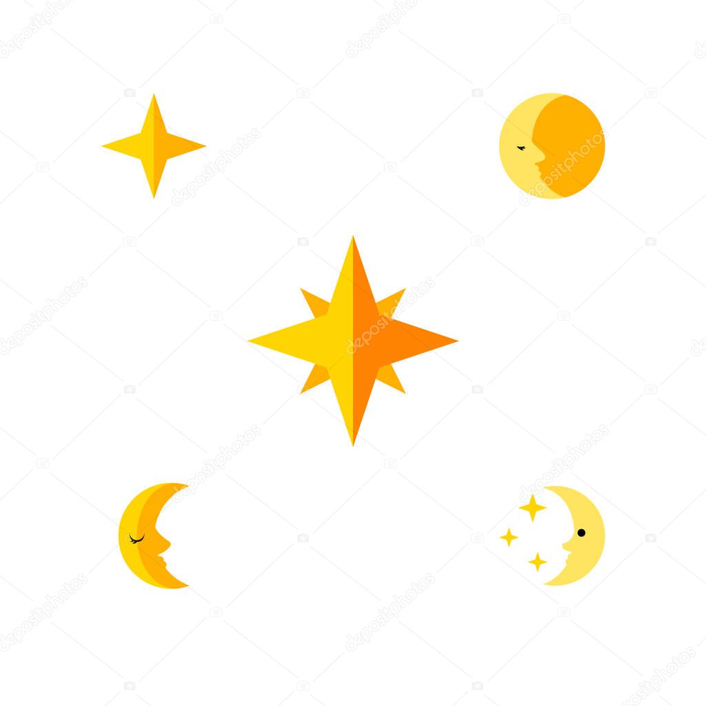 Flat Icon Night Set Of Lunar, Nighttime, Moon And Other Vector Objects. Also Includes Nighttime, Sky, Asterisk Elements.