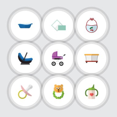 Düz simge çocuk seti Rattle, meme, peçete ve diğer vektör nesneleri. Ayrıca çocuk, puf, Rattle unsurları içerir.