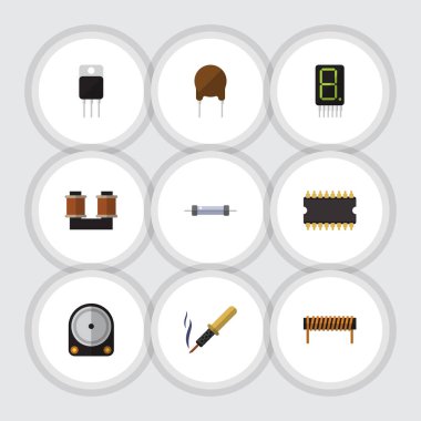 Düz simge elektronik direnç, alıcı, bobin bakır ve diğer vektör nesnelerini ayarlayın. Ayrıca birim, bobin, elektronik öğeler içerir.