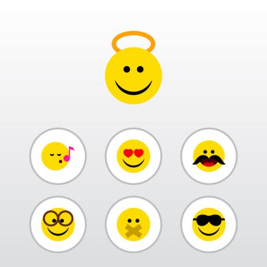 Düz simgesi yüz kümesi neşeli, melek, keyifli ve diğer vektör nesneleri. Ayrıca güneş gözlüğü, Emoji, neşeli unsurları içerir.