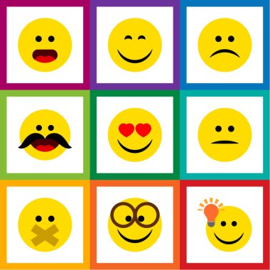 Düz simgesi Emoji gülümseme, sus, üzgün ve diğer vektör nesneleri kümesi. Ayrıca Sus, gözler, merak unsurları içerir.