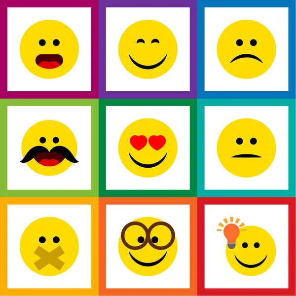 Flache Symbol-Emojis mit Lächeln, Schweigen, Traurigkeit und anderen Vektorobjekten. umfasst auch Stille, Augen, Wunder-Elemente. — Stockvektor