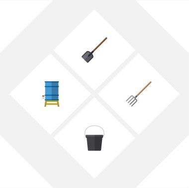 Düz kutsal kişilerin resmi Bahçe konteyner, kova, saman çatal ve diğer vektör nesneleri kümesi. Ayrıca kapsayıcı, su, Spade öğeler içerir.