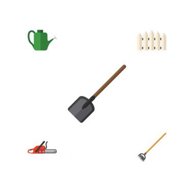 Düz simge çiftlik seti ahşap bariyer, aracı, Bauer ve diğer vektör nesneleri. Blade, kürek, çapa öğeleri de içerir.