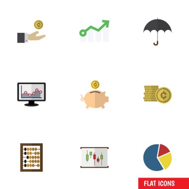 Düz simgesi gelen büyüme, şemsiye, sayaç ve diğer vektör nesneleri kümesi. Şemsiye, diyagram, Bar öğeleri de içerir.