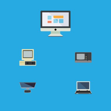 Düz simge bilgisayar kümesi dizüstü, bilgisayar, ekran ve diğer vektör nesneleri. Ayrıca Vintage, monitör, dizüstü bilgisayar öğeleri içerir.