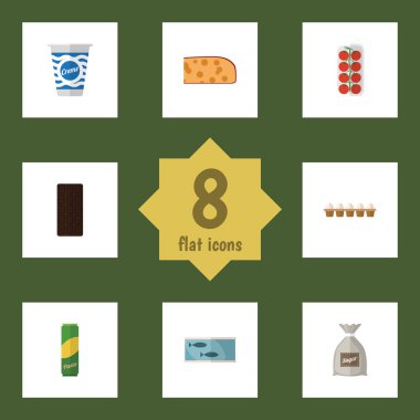 Düz simgesi gıda domates, yoğurt, çuval ve diğer vektör nesnelerini ayarlayın. Ayrıca içerir şeker, krema, konfeksiyon öğeleri.