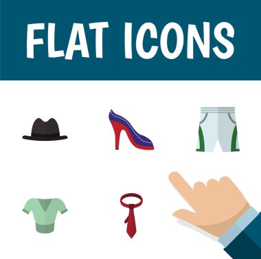 Panama, kravat, topuklu ayakkabı ve diğer vektör nesnelerini düz simge kıyafet seti. Ayrıca şort, Fedora, Sandal öğeleri içerir.