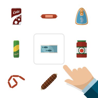 Düz simgesi gıda kümesi spagetti, ketçap, teneke ton balığı ve diğer vektör nesneleri. Ayrıca gazlı, içerir domates, içki öğeleri.