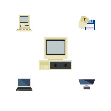 Düz simgesi dizüstü Pc, bilgisayar, Notebook ve diğer vektör nesneleri ayarlayın. Ayrıca disket, Retro, bilgi işlem öğeleri içerir.