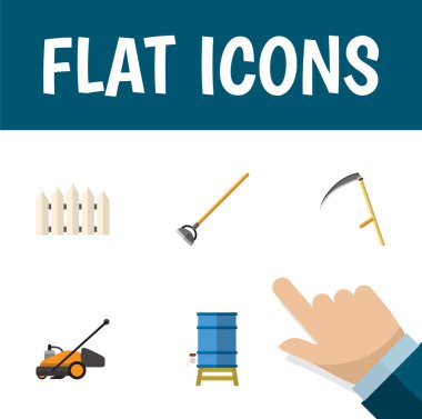 Çim biçme makinesi, aracı, kesici ve diğer vektör nesnelerini düz simge çiftlik seti. Çim, tırpan, araç öğeleri de içerir.