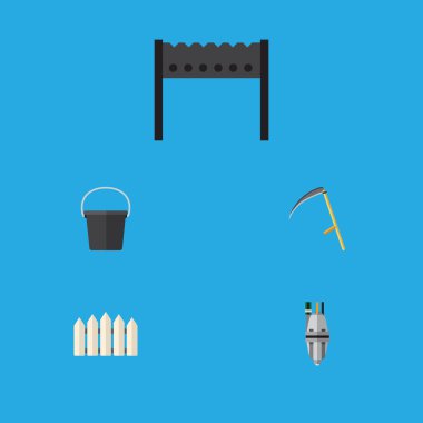 Düz simgesi kulübemde ahşap bariyer, kesici, Barbekü ve diğer vektör nesnelerini ayarlayın. Ayrıca konteyner, kesici, ekipman öğeler içerir.