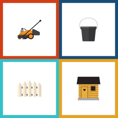 Düz simgesi kulübemde kova, çim biçme makinesi, tahta bariyer ve diğer vektör nesnelerini ayarlayın. Ayrıca ahır, çiftlik evi, bariyer öğeleri içerir.