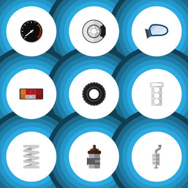 Düz simgesi otomatik kümesi far, ambalaj, otomatik bileşen ve diğer vektör nesneleri. Ayrıca fren, motoru, yanma unsurları içerir.