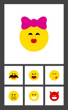 Düz simgesi ifade kümesi lezzetli yemek, sus, okşa ve diğer vektör nesneleri. Gülmek, sessiz, somurtarak öğeleri de içerir.
