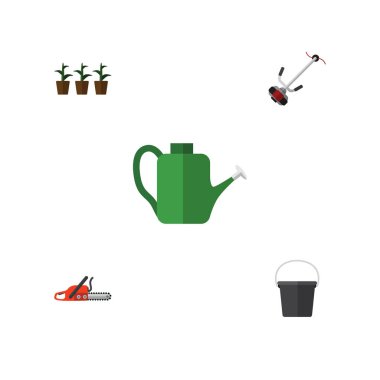 Düz simgesi çiftlik kümesi kova, saksı, çim-kesici ve diğer vektör nesneleri. Ayrıca öğeleri sulama çim, testere, içerir.