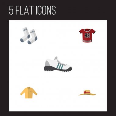 Düz simgesi elbise kümesi şık şapkalar, ayak Tekstil, T-Shirt ve diğer vektör nesneleri. Ayrıca adam, şapka, kadın öğeleri içerir.