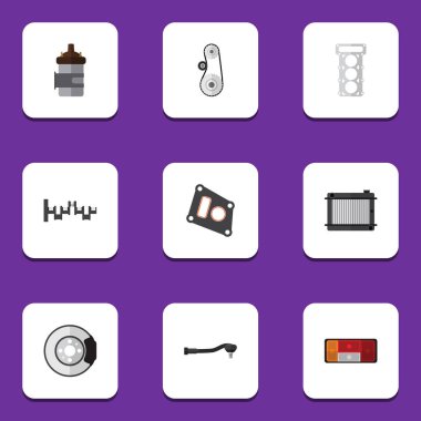 Düz simgesi otomatik kümesi Cambelt, ambalaj, emici ve diğer vektör nesneleri. Ayrıca motoru, kemer, ambalaj öğeleri içerir.