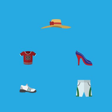 Düz simge kıyafetleri dizi spor ayakkabı, topuklu ayakkabı, mayo kumaş ve diğer vektör nesneleri. Ayrıca içerir Sandal, forma, şort öğeleri.