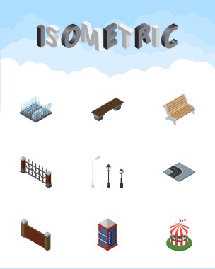 Çit, Çeşme, bariyer ve diğer vektör nesneleri izometrik kentsel kümesi. Ayrıca ışık, fenerler, Carousel öğeleri içerir.