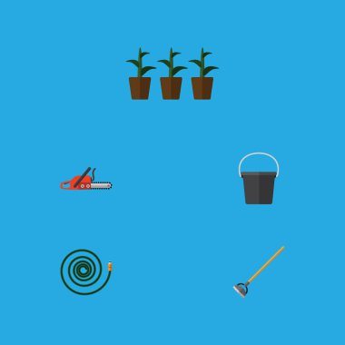 Düz kutsal kişilerin resmi Bahçe Hosepipe, demir testeresi, saksı ve diğer vektör nesneleri kümesi. Ayrıca botanik, saksı, kapsayıcı öğeler içerir.