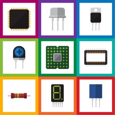 Düz simgesi aygıt kümesi anabilgisayar, priz, ekran ve diğer vektör nesneleri. Ayrıca işlemci, Cpu, alıcı öğeleri içerir.