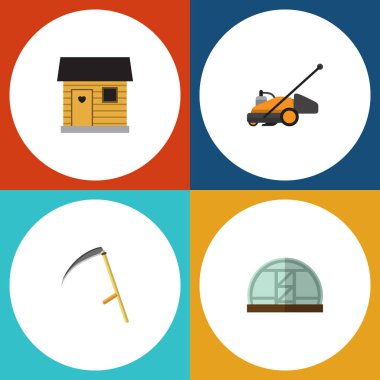 Düz kutsal kişilerin resmi Bahçe kesici, çim biçme makinesi, ahır ve diğer vektör nesneleri kümesi. Ayrıca araç, kesici, çiftlik evi öğeleri içerir.