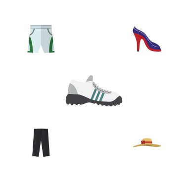 Pantolon, şort bez, şık şapkalar ve diğer vektör nesnelerini düz simge giysi seti. Ayrıca pantolon, sandalet, bez öğeleri içerir.